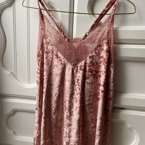 Pink velvet tank top with lace detail